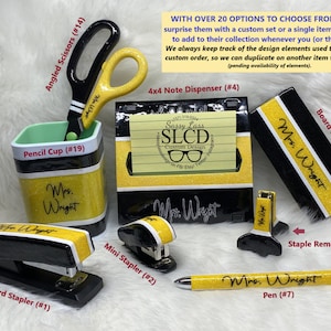 May include: A set of personalized school supplies featuring a black and yellow color scheme with glitter accents. The set includes a pencil cup, a stapler, a mini stapler, a pen, a board eraser, a staple remover, and a note dispenser. The items are decorated with the text "Mrs. Wright" and the words "Sassy Lass SLCD Custom Design".