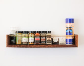 Walnut and Brass Spice Rack, kitchen shelf, make up shelf, make up organizer