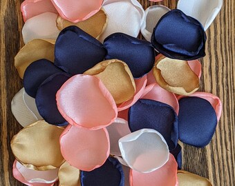 Navy coral mix of rose petals for wedding aisle runner toss, flower girl accessories, artificial flowers, guest book table decor supplies