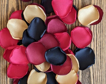 Burgundy red black gold rose petals bulk for wedding and bridal shower decor, decorations for romantic dinner, winter wedding toss decor