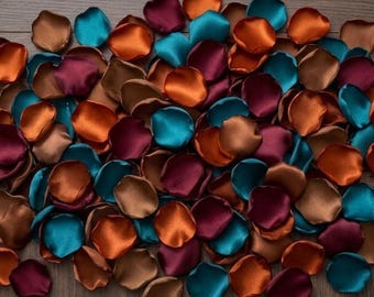 Burnt Orange Teal Burgundy Rose Petals - Fall Wedding Decor, Flower Girl Toss Petals, Bridal Shower Centerpiece Confetti