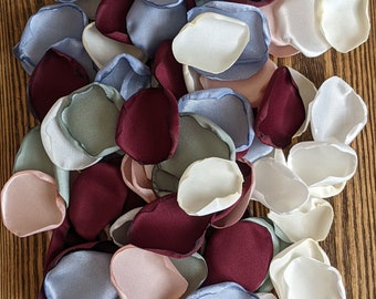 Dusty blue burgundy sage custom rose petals for wedding or party decorations, bridal shower floral confetti, aisle runner flower girl toss