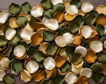 Olive Sage Gold Ivory Rose Petals - Handmade Satin Table Scatter for Neutral Wedding Decor, Flower Girl & Bridal Shower