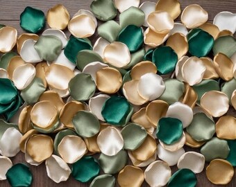 Emerald Green Gold Rose Petals, Dusty Sage Wedding Decor, Satin Flower Girl Basket, Ivory Cream Aisle Scatter, Set of 100+