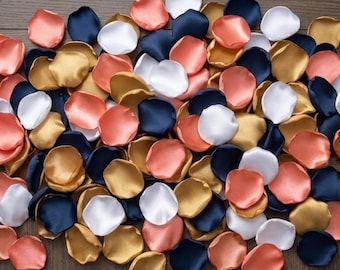 Coral Gold Navy White Rose Petals - Preppy Nautical Wedding Table Scatter, Coastal Summer Decor, Flower Girl Petals