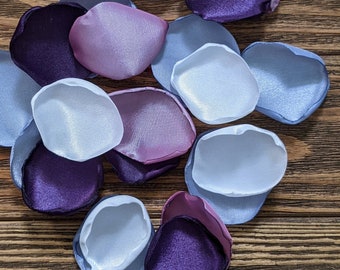 Plum amethyst and dusty blue custom rose petals for wedding decoration, bridal shower table toss confetti, flower girl petals for baskets