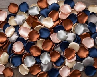 Copper Wedding Rose Petals - Blush Navy Silver Satin Confetti for Bridal Shower, Table Decor & Flower Girl Baskets