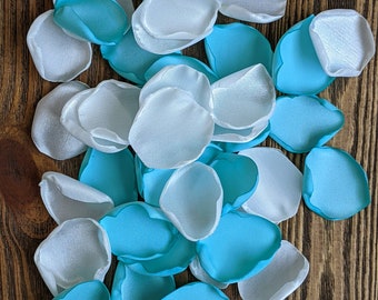 Robins egg blue mix of rose petals, simple floral centerpieces with candles toss, flowers for flower girl baskets, aisle decor confetti