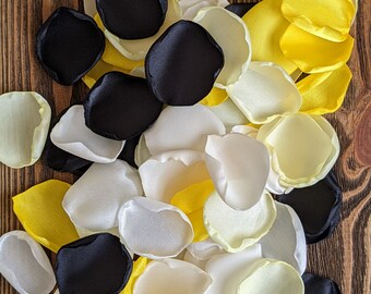 Black yellow mix of flower petals for wedding decor, bridal shower table decorations, flower girl accessories for baskets, aisle runner toss