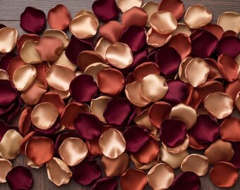 Burgundy Champagne Gold Terracotta Rose Petals - Boho Fall Wedding Table Decor, Handmade Satin Flower Scatter for Autumn Bridal Shower