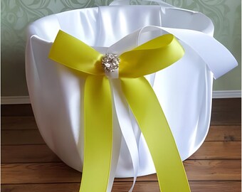 Yellow flower girl basket for petals, wedding  satin flower girl  accessories for petals patrol, simple plain white or ivory custom basket