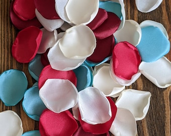 Light turquoise red burgundy rose petals for wedding decor, flower girl petals for basket, photography props, wedding cake table decorations