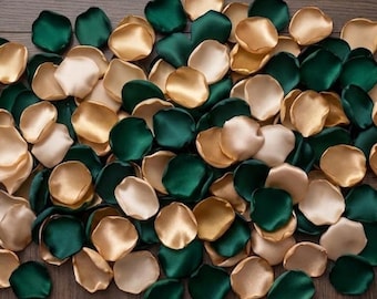Emerald Green Satin Rose Petals - Black Gold Champagne Wedding Confetti, Flower Girl Toss, Moody Rustic Table Decor
