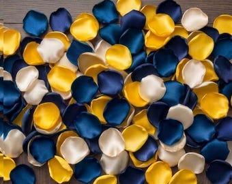 Navy Yellow Rose Petals - Satin Flower Girl Basket Confetti, Teal Ivory Wedding Aisle Runner Decor, Something Blue Scatter, Set of 100