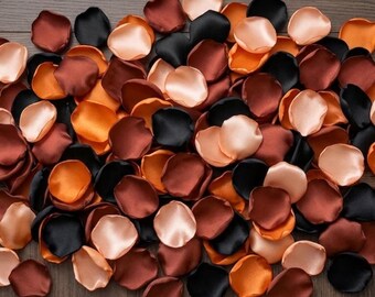 Terracotta Champagne Burnt Orange Black Rose Petals - Dark Boho Fall Table Scatter, Gothic Autumn Wedding Decor, Handmade Satin Flowers