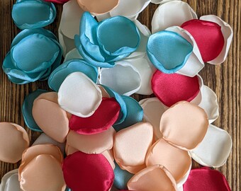 Peach red seafoam custom rose petals bulk for beach tropical wedding decor, flowers for flower girl baskets and aisle runner decor, confetti