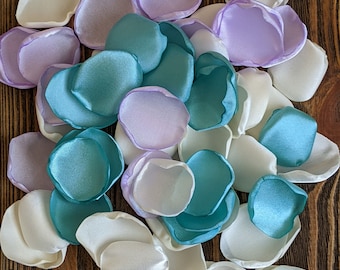 Aqua lilac mix of rose petals for wedding, flowers for flower girl baskets, bridal shower décor, artificial flowers toss, beach centerpieces
