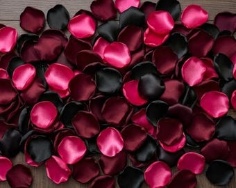 Fuchsia Burgundy Black Flower Petals - Gothic Wedding Table Scatter, Dark Romance Decor, Halloween Bridal Shower, Bulk Satin Rose Petals