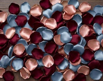 Rose Gold, Burgundy & Steel Blue Satin Petals - Jewel Tone Wedding Decor, Flower Girl Basket Fillers, Aisle Scatter, Set of 100+