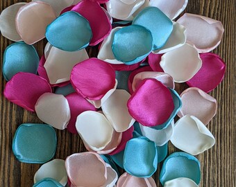 Light turquoise fuchsia blush mix of rose petals for wedding, flower girl petals for basket, scatter confetti  for table, aisle runner decor
