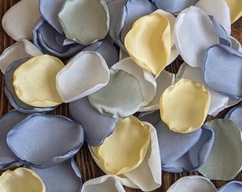 Dusty Blue Sage & Light Yellow Rose Petals, Ivory Wedding Decor, Satin Flower Girl Basket Petals, Garden Aisle Scatter