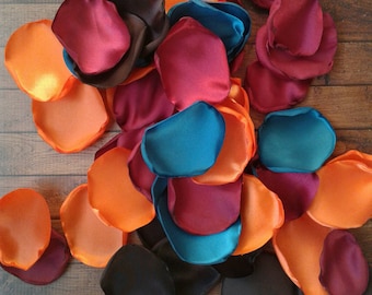 Burnt orange teal brown burgundy rose petals for wedding decor, fall flowers for centerpieces, bridal shower decorations, flower girl toss