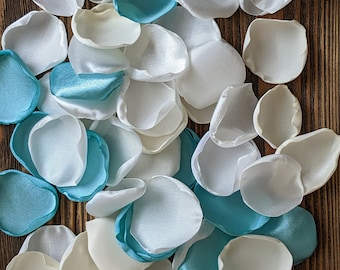 Turquoise cream ivory rose petals wedding toss, custom flowers for flower girl basket, bridal shower cake decor, baby boy shower sprinkles