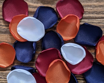 Navy burgundy burnt orange rose petals for fall cake decor, wedding aisle runner flower girl flowers for baskets and cones, confetti toss