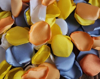 Marigold dusty blue mix of rose petals for wedding decor, Mustard aisle runner decor, Flower girl decor, Fall or summer wedding flowers toss