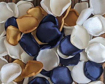 Navy and gold custom rose petals for flower girl, vintage wedding bridal shower decor, wedding cake decorations, flowers that match corsage