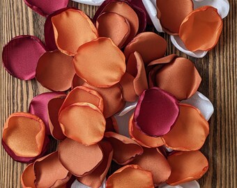 Fall burgundy and orange modern wedding table decor, romantic flower girl petals, aisle runner and bridal shower flower centerpieces toss