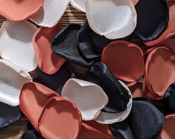 Moody terracotta black champagne wedding decor, rose petals flower girl baskets, rustic aisle runner toss, fall barn wedding party confetti
