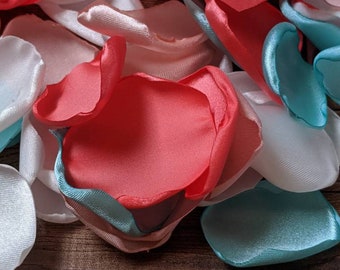 Aqua blush pink and coral rose petals, tropical theme wedding decorations for table centerpieces, spring flower girl supplies, confetti toss