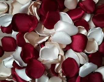 Burgundy ivory champagne rose petals for rustic romantic wedding, vintage bridal shower table decor, flower girl and aisle flowers to toss
