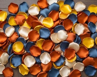 Steel Blue Orange Wedding Decor - Mustard Yellow Fabric Flower Petals - Autumn Bridal Shower Table Scatter - Bulk Satin Rose Petals