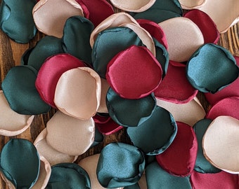 Burgundy champagne emerald rose petals that match bridesmaid bouquet corsage, wedding aisle runner decor, flower girl flowers for baskets