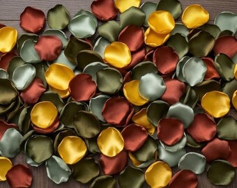 Olive Green & Rust Sunflower Petals - Boho Rustic Wedding Table Scatter, Fall Bridal Shower Confetti, Bulk Satin Decor for Barn Weddings