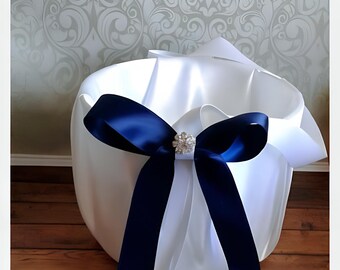 White flower girl basket, Navy wedding basket, flower girl accessories, flowergirl basket classic custom basket with rhinestones and bows