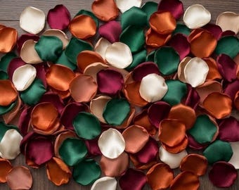 Burnt Orange Emerald Ivory Rose Gold Burgundy Petals - Jewel Tone Fall Table Scatter, Whimsical Winter Wedding Decor, Flower Girl Basket