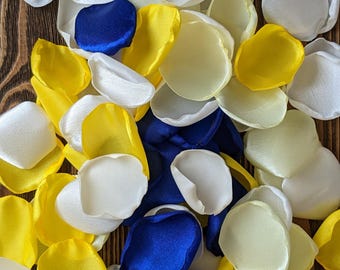 Bridal shower royal blue yellow rose petals for wedding decor, Aisle runner and flower girl petals for baskets, Summer fall wedding flowers