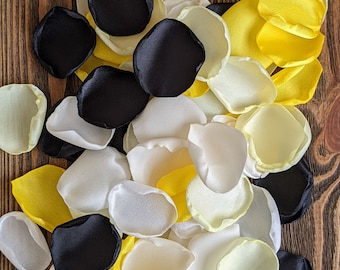 Yellow and black mix of rose petals for wedding centerpieces, modern lemon bridal shower decoration, flowers for aisle border or pew markers