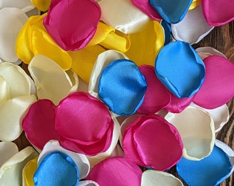 Turquoise fuchsia yellow mix of rose petals for Hawaiian summer wedding bridal shower decor, beach tropical flower girl petals for basket