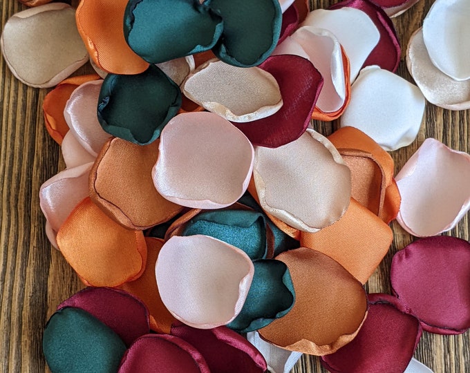 Featured listing image: Burgundy burnt orange emerald mix of petals for wedding decor, flower girl confetti for baskets, fall bridal shower engagement decorations