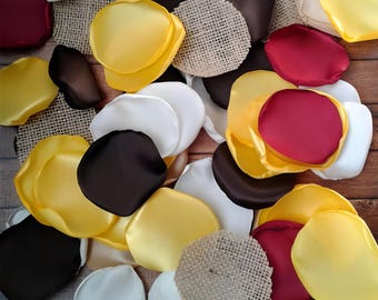 Burgundy yellow mix of rose petals for sunflower wedding decor, barn  bridal shower, flower girl petals for baskets, church reception toss