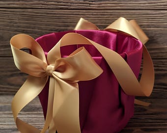 Burgundy and Gold flower girl basket, classic flower girl basket, ceremony accessories, flower girl toss, satin basket with ribbon handle