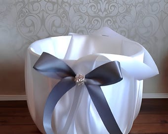 Gray flower girl basket for wedding ceremony,  satin white or ivory custom baskets, flower girl accessories for petals classic petal patrol