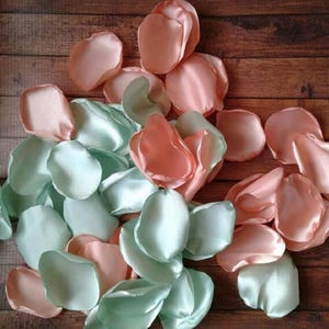 Peach Mint Satin Rose Petals: Wedding Confetti, Flower Girl Decor
