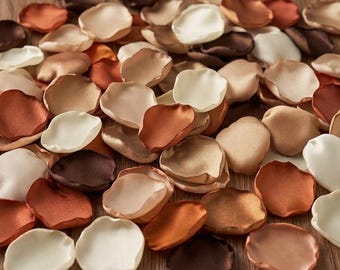 Terracotta Rust Khaki Rose Petals, Champagne Ivory Wedding Decor, Neutral Flower Girl Petals, Handmade Satin Table Scatter, Brown Bridal