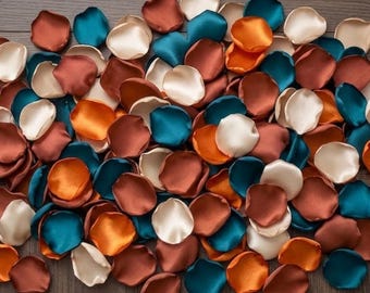Burnt Orange Terracotta Ivory Teal Champagne Rose Petals - Boho Fall Table Scatter, Modern Coastal Wedding Decor, Flower Girl Confetti