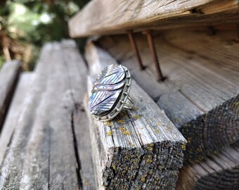 Carved ABALONE Shell Ring | Size 7.5 | Handmade | Full 925 Sterling Silver | Natural Abalone Shell | Fast Shipping From Alpine, Utah | #E3
